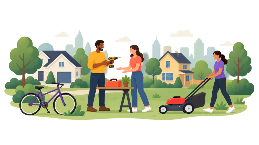 Neighbors sharing a drill, a table, and a lawnmower